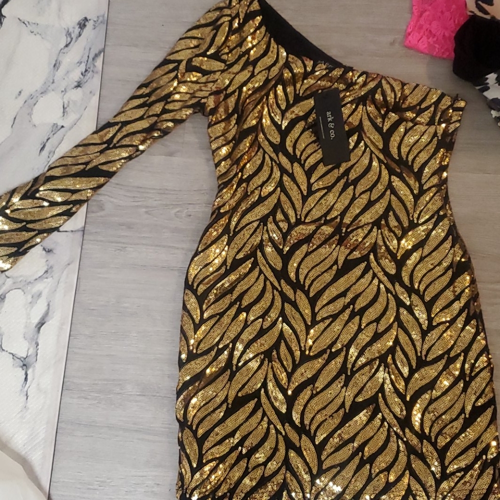 Gold sequin off the shoulder mini dress